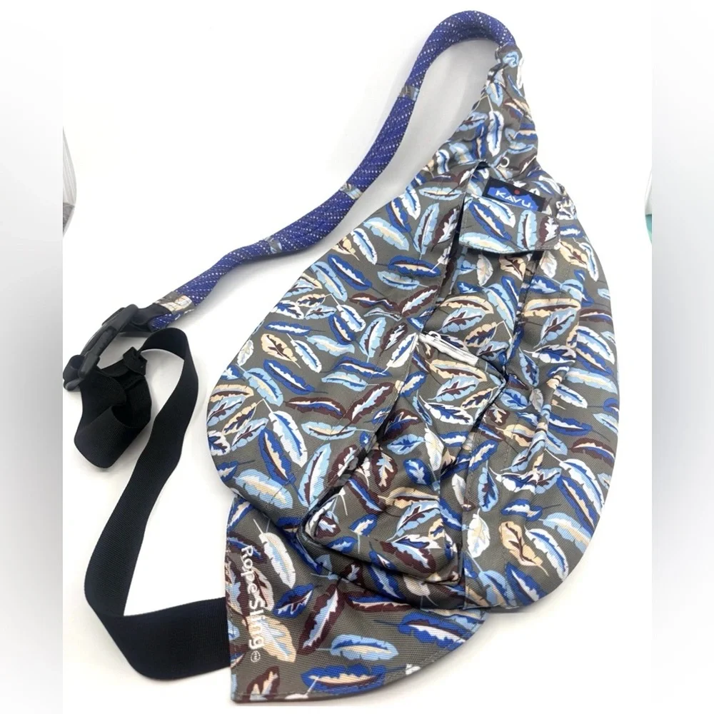 KAVU Gray & Blue Feathers Original Rope Sling Bag Crossbody Backpack EUC - Picture 1 of 8